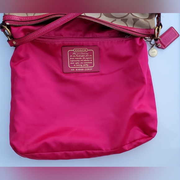 Coach Hot Pink Leather & Tan Classic Logo Canvas Bag/Purse - Picture 8 of 10